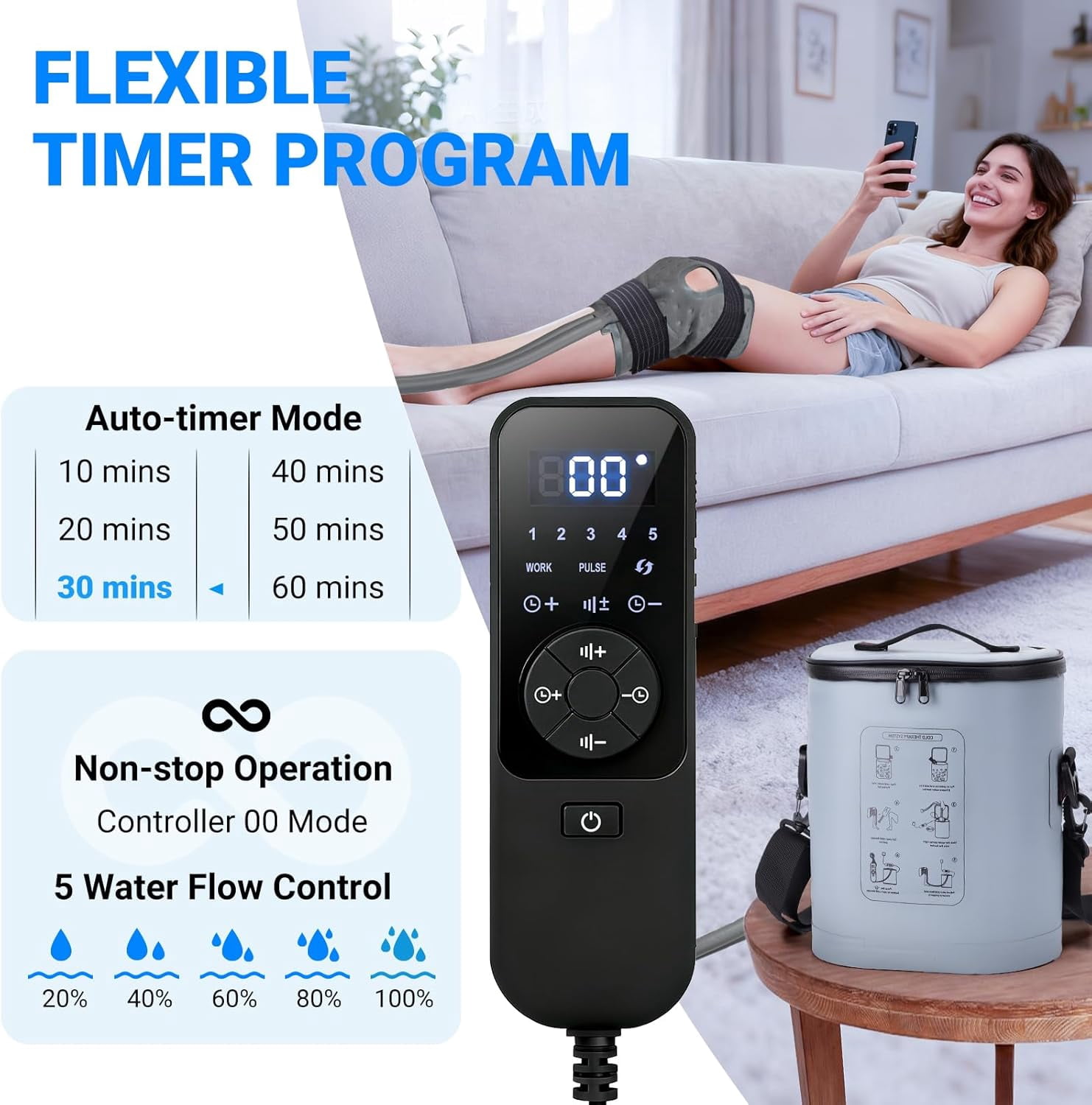 Cold Therapy Machine, Ice Machine w/Timer, Portable Cold Water Circulation System with Pump, 5 Flow Settings & 6 Timer, Ice Therapy Cooling Pad for Knee Shoulder Hip Ankle