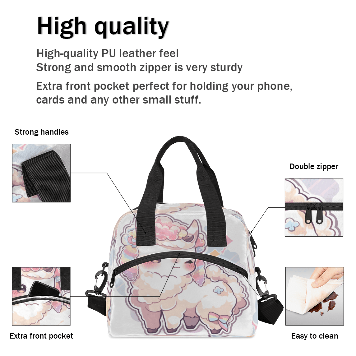 Herdesigns Cute Cartoon Insulated Lunch Bag for Women Men Adults Large Reusable Lunch Box Sheep Leakproof Cooler Tote Bags with Adjustable Shoulder Strap