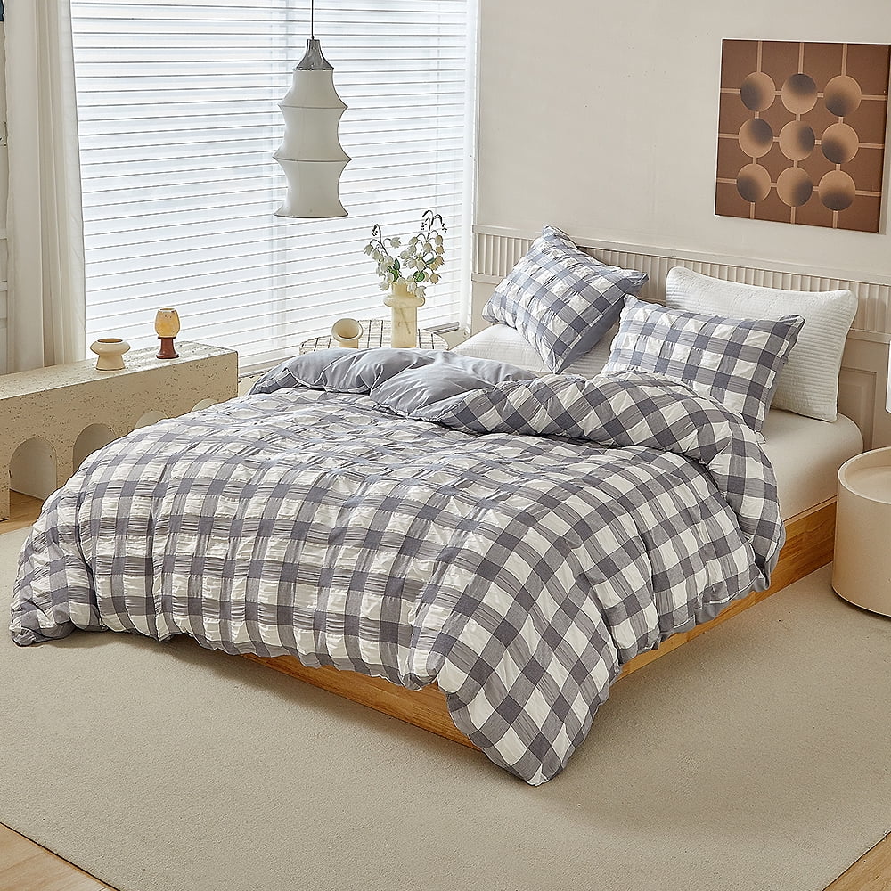 YELEE Grey Queen Size Duvet Cover Bedding Sets Plaid Breathable 3 Pcs Comforter Cover 90"x90" with 2 Comfy Pillowcases