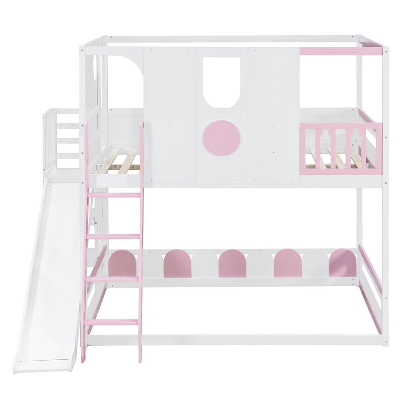 Full Size Versatile Kids Loft/Bunk Bed with Floor Bed, House Bed Frame with Slide, Storage Shelves and Guardrails