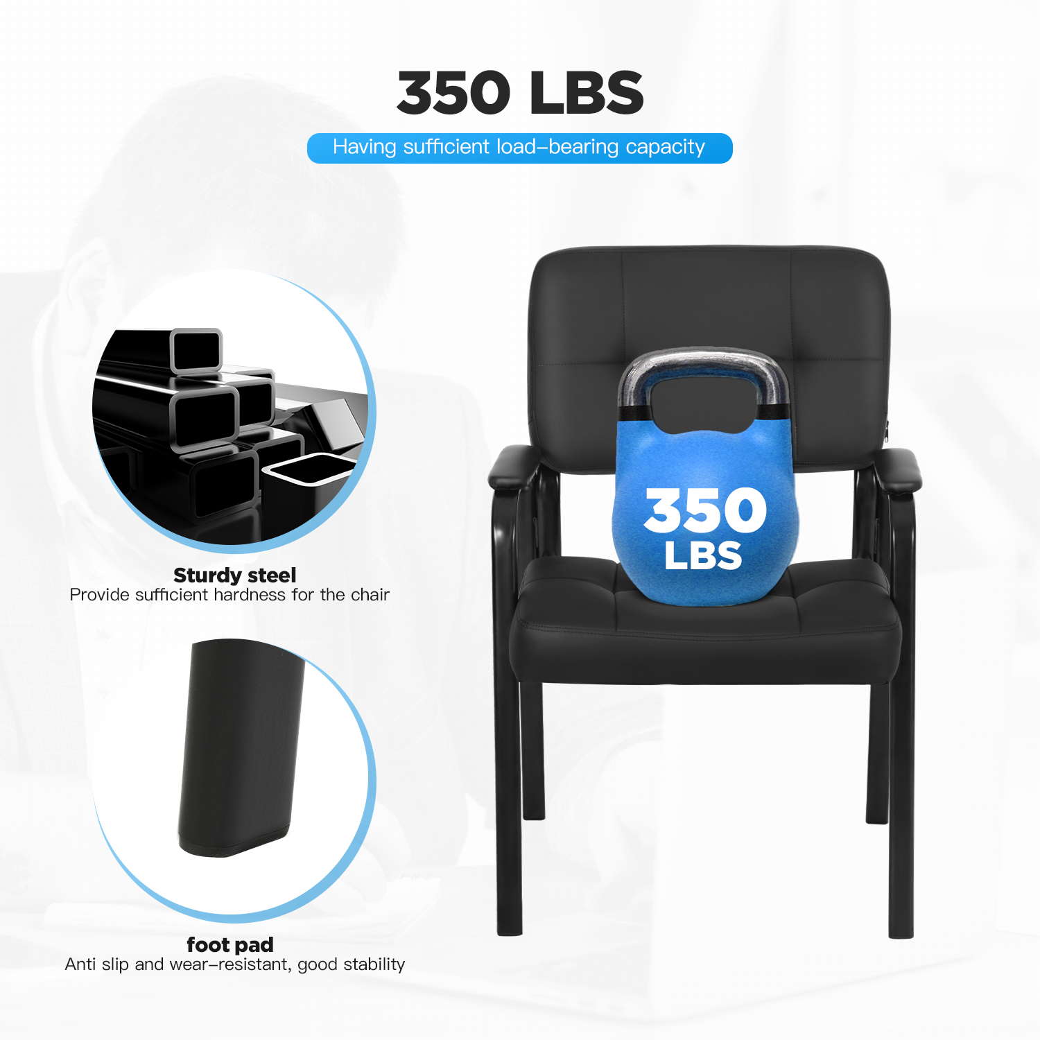 FDW Home Office Chair，Padded Armrest PU Leather for Waiting Room Chairs Lobby No Wheels, 2 Pack(Black)