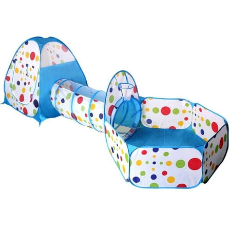 Photo 1 of EocuSun Pop up Polka Dot Kids Play Tent with Tunnel and Ball Pit with Zippered Storage Bag, Blue