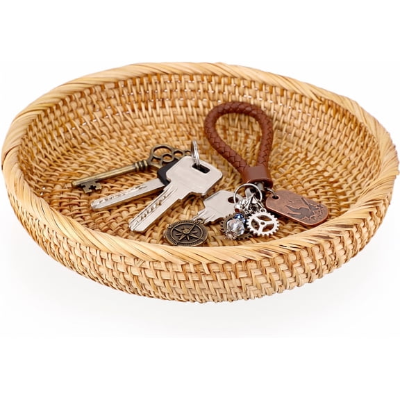 Wicker Rattan Basket for Entryway (8.66-Inch) — Small Round Keys, Wallet & Fruit Serving Tray