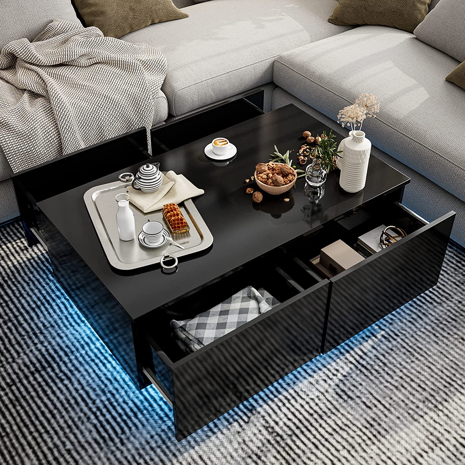 IKIFLY Modern High Glossy Coffee Table with 16 Colors LED Lights and 4
