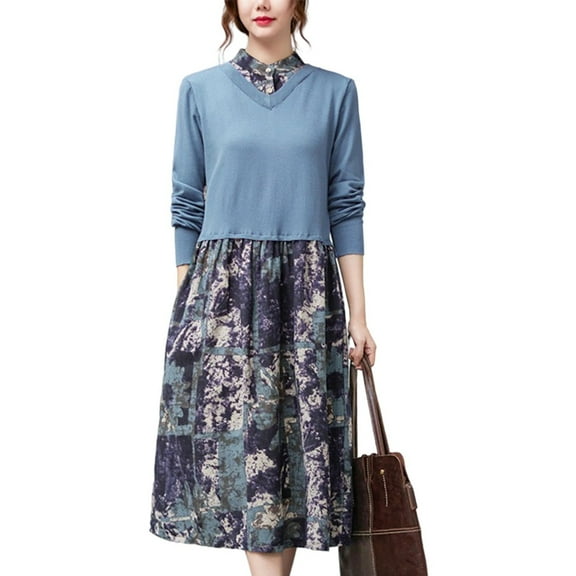 Aloohaidyvio Dresses for Women Fall Casual Knit Fake Two Piece Flowy Maxi Long Dresses