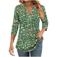 thumbnail image 2 of JTZGDY Womens 3/4 Sleeve Tops Dressy Casual Floral Printed Fall V Neck Outfit Graphic T-Shirts Trendy 2025 Basic Ruched Pleated Fall Tunic Blouse for Leggings Green#03 XL, 2 of 7