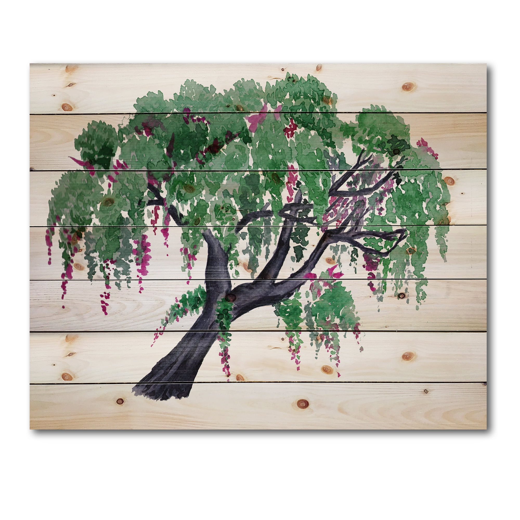 Designart 'A Lonely Tree of Wisteria' Traditional Print on Natural Pine Wood