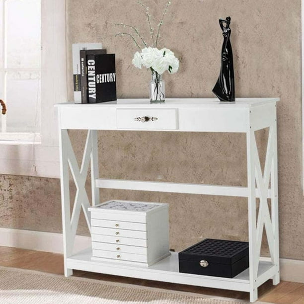 Industrial White Console Table 2 Tier Entryway Sofa With Open Bottom Shelf Traditional French Accent Drawer Small Side For Hallway Living Room Foyer Porch T912 Com Tier Entryway Sofa Table, Small White Console Table With Storage