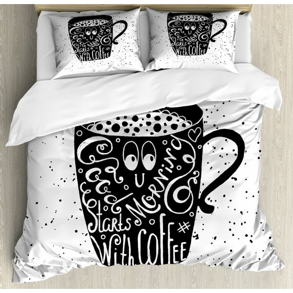 Saying Duvet Cover Set Queen Size, Morning Starts with Coffee Fun Words Lettering in Coffee Mug Monochrome, Decorative 3 Piece Bedding Set with 2 Pillow Shams, Black and White, by Ambesonne