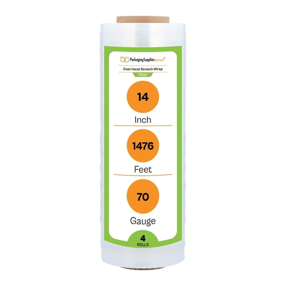 PSBM Cast Hand Stretch Wrap 14 Inch x 1476 Feet 4 Rolls 70 Gauge Clear Plastic Packing Shrink Film for Moving Wrapping Packaging