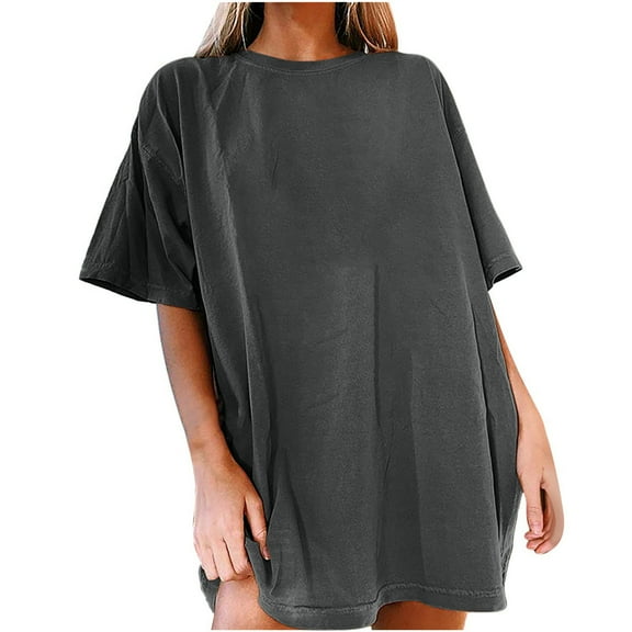 Women's Vintage Oversize T Shirt Round Neck Drop Shoulder Longline Short Sleeve Solid Tee Shirt Tops