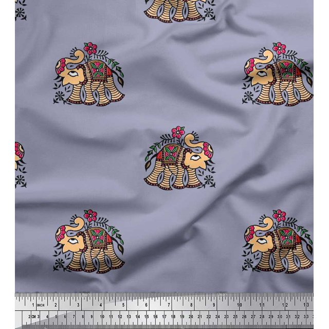 Soimoi Poly Georgette Fabric Leaves,Floral & Elephant Block Print Fabric by The Yard 52 Inch Wide