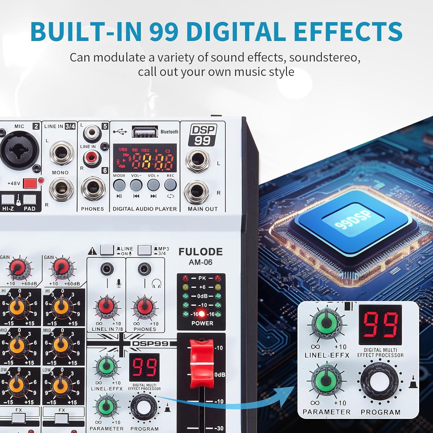 6 Channel Audio Mixer Professional Sound Board Console w/99 DSP Effects 48V Phantom Power Bluetooth USB Interface Stereo DJ Mixer Board for Karaoke Live Performance DJ Stage