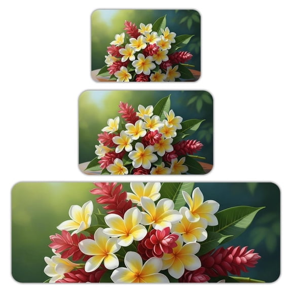 RKSupls Kitchen Rug Set 3 Piece Anti-Slip Flannel Floor Mats, Hawaii Plumeria Flowers Washable Absorbent Runner Mats for Kitchen Bathroom Home Decor