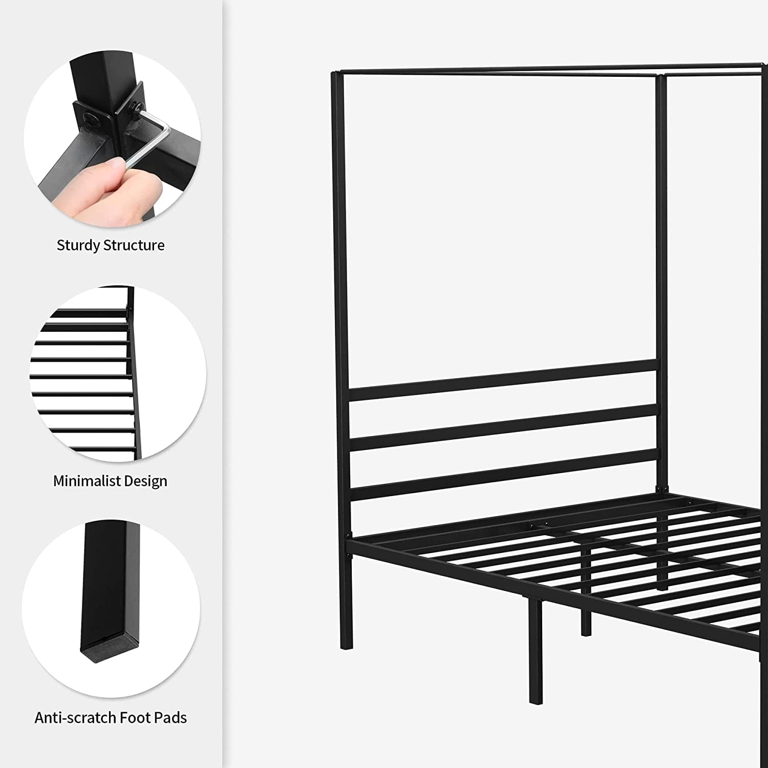 Dextrus Metal Canopy Bed Frame 14 Inch Platform Four Posters Bed with Built-in Headboard Strong Metal Slat Mattress Support, No Box Spring Needed, Black, Full Size
