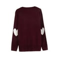 thumbnail image 4 of Women Cute Heart Sweaters Crew Neck Valentines Day Sweater Long Sleeve Casual Ribbed Knit Pullover Top Wine, S, 4 of 6
