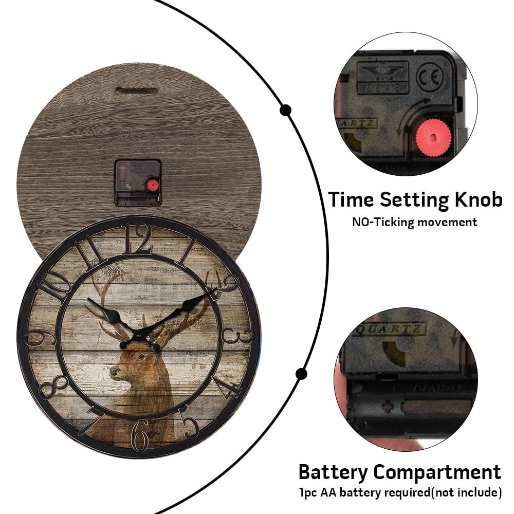 12" Vintage Deer Head Wood Wall Clocks With Slient Non-ticking Movement Operated by Battery