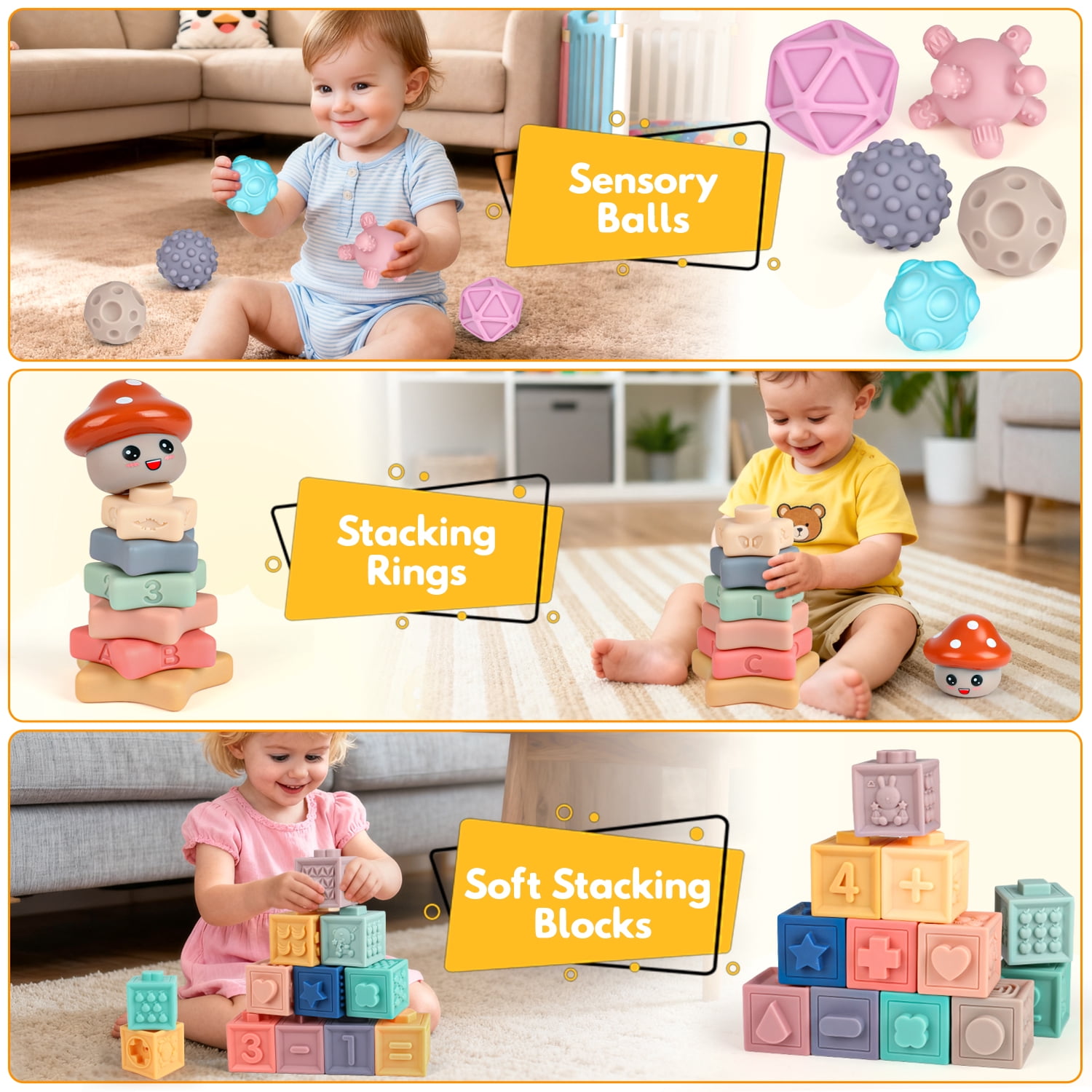 Beefunni Baby Toys 6-12 Months,Montessori Toys Soft Baby Teething Toys, Stacking Building Blocks, Sensory Development Educational Toys for Baby 12-18 Months