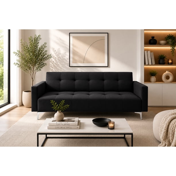 Sofá Cama Reclinable Paris Lino Negro, Brazos separados, Futon 3 Posiciones EL BAZAR STORE Moderno abotonado
