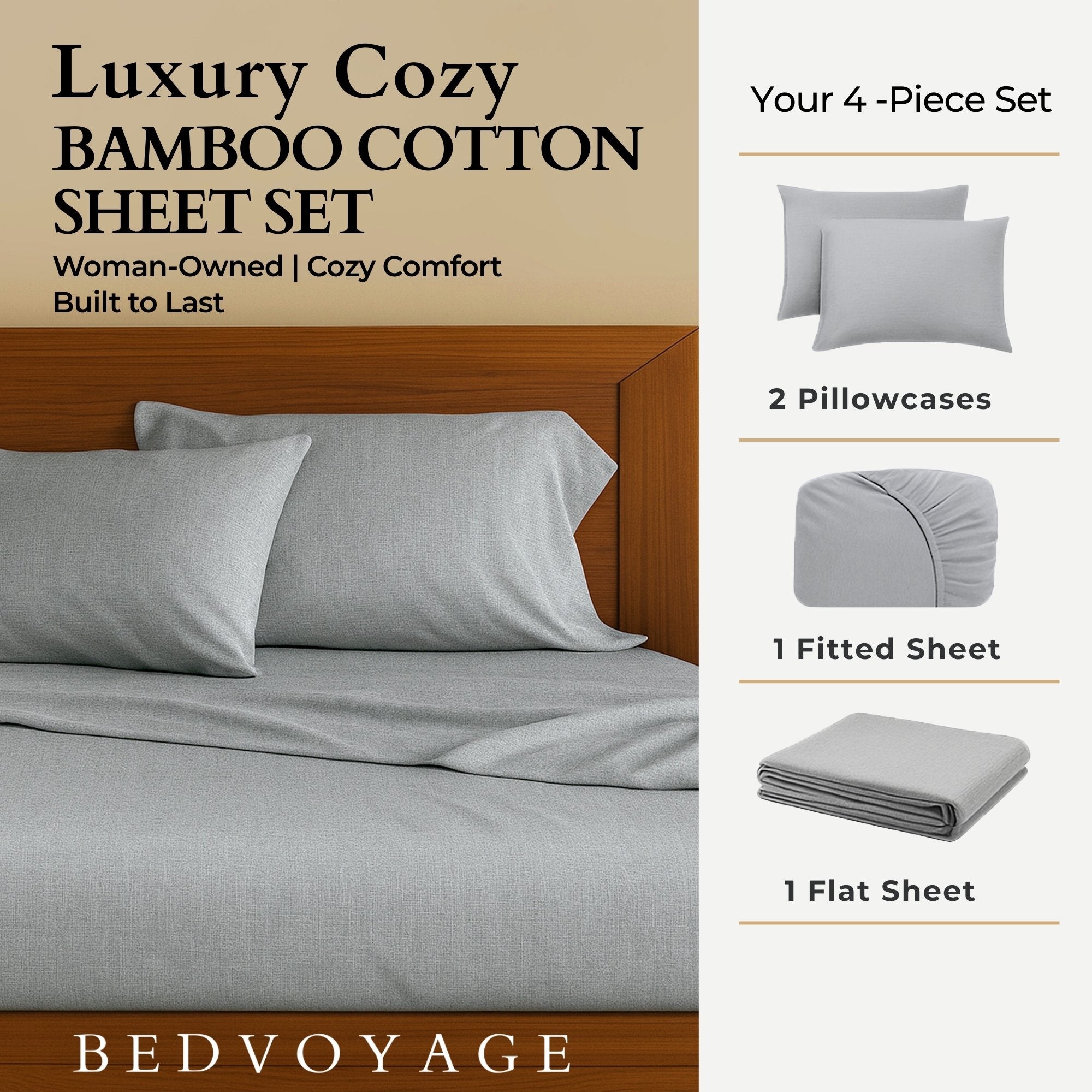 BedVoyage Sheet Set - Viscose from Bamboo + Cotton - Breathable & Cozy - King - Silver