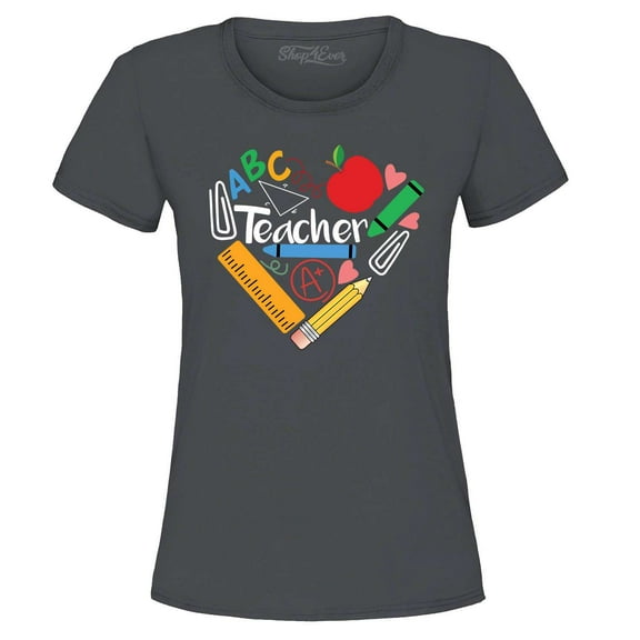 Shop4Ever Women's Teacher Heart Supplies Teacher's Appreciation Day Graphic T-Shirt XXX-Large Charcoal