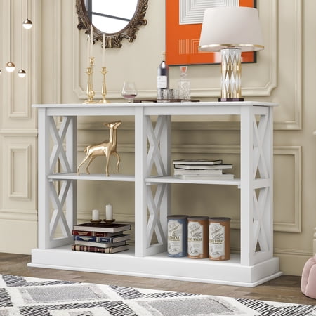 46.5in Entry Console Table with Open Shelves and X-Shaped Frame, Hallway Entryway Sofa Side 3-Tier Table (White)