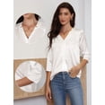 thumbnail image 2 of DARING DIVA Women's Satin Blouse Split V Neck 3/4 Sleeve Button Down Shirt XS White, 2 of 6