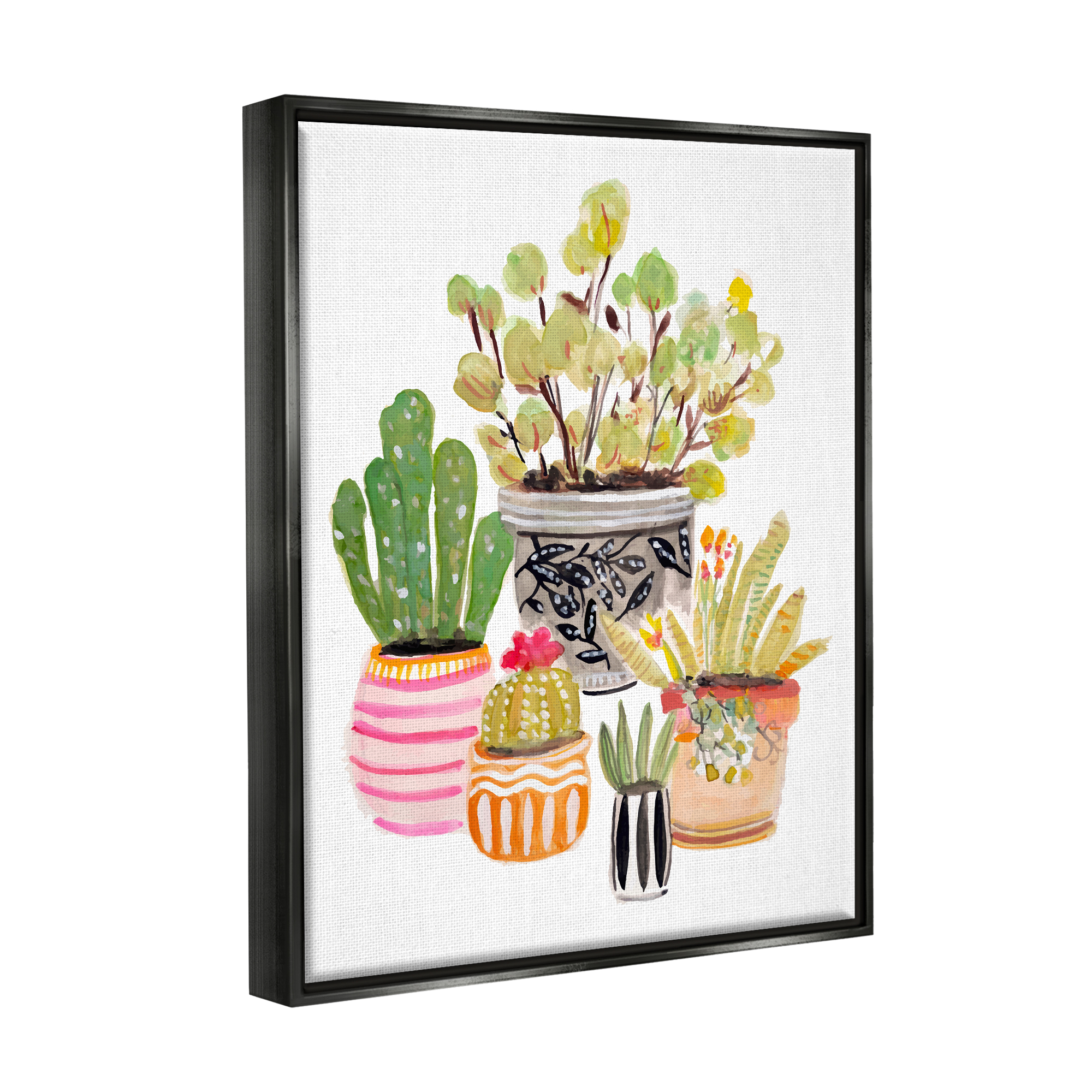 Stupell Patterned Pots Cactus Garden Botanical & Floral Painting Black Floater Framed Art Print Wall Art