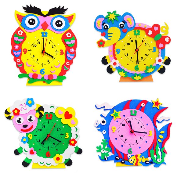 4 Sets DIY Clock Kit Creative Cartoon Animal Wall Clock Handmade Craft for Kids