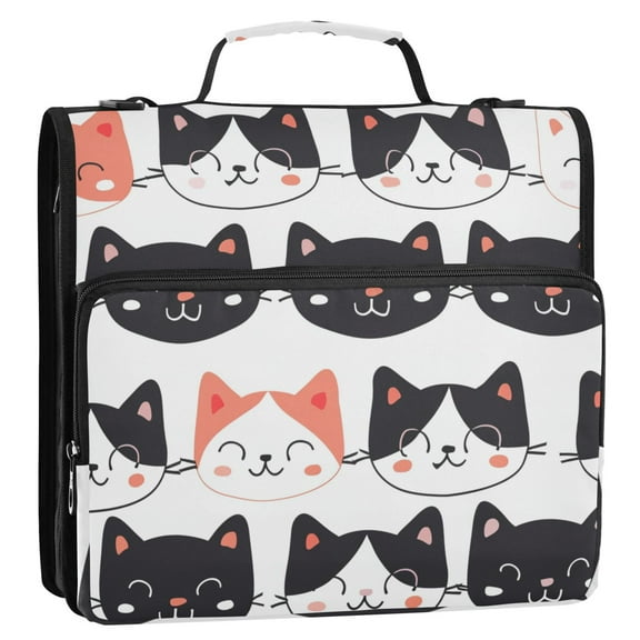 Cute Cat Faces Binder Bag with Shoulder Strap 3 Ring Zipper Binder File Folder Document Storage