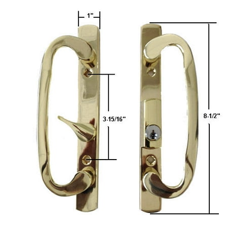 Sliding Glass Patio Door Handle Set, Mortise Type, A-Position, Latch Lever is Centered, Keyed, Brass Plated, 3-15/16