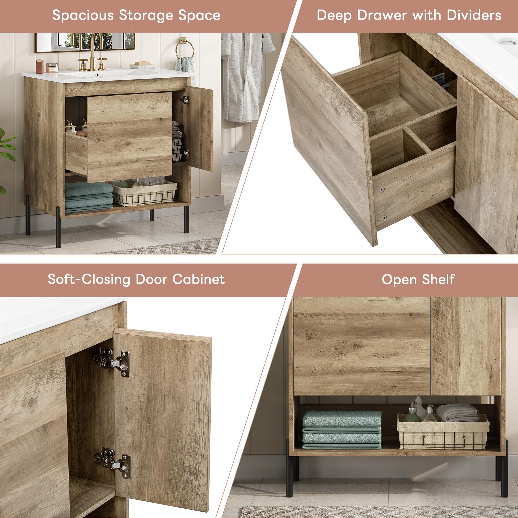 Euroco 36-Inch Modern Wood-Grain Bathroom Vanity with Soft-Close Doors, Divided Drawers,and Ceramic Sink