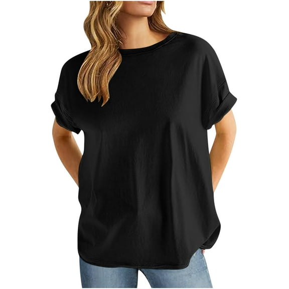 Raeneomay Oversized T Shirts Women's Solid Oversized T Shirts Casual Short Sleeve Shirts Loose CrewNeck Drop Shoulder Back Patch Pullover Tops Tees