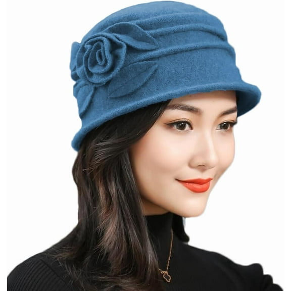 YooGuoGuo Vintage Floral Wool Dress Cloche Hats for Women 1920s Flower Accent Solid Winter Hat Church Party Fedora Bucket Hat