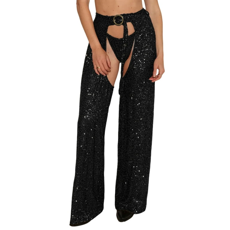 Tasdouyy Women's Sexy Open Crotch Metallic Sparkly Wide Leg Tasdouyy Women's Sexy Open Crotch Metallic Sparkly Wide Leg