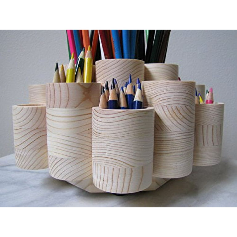 DELUXE Rotating Colored Pencil Holder Storage Organizer, Tiered Pencil Cup  Caddy With Stub Cups, Wood, Holds 260 Pencils Pens. Made in USA 