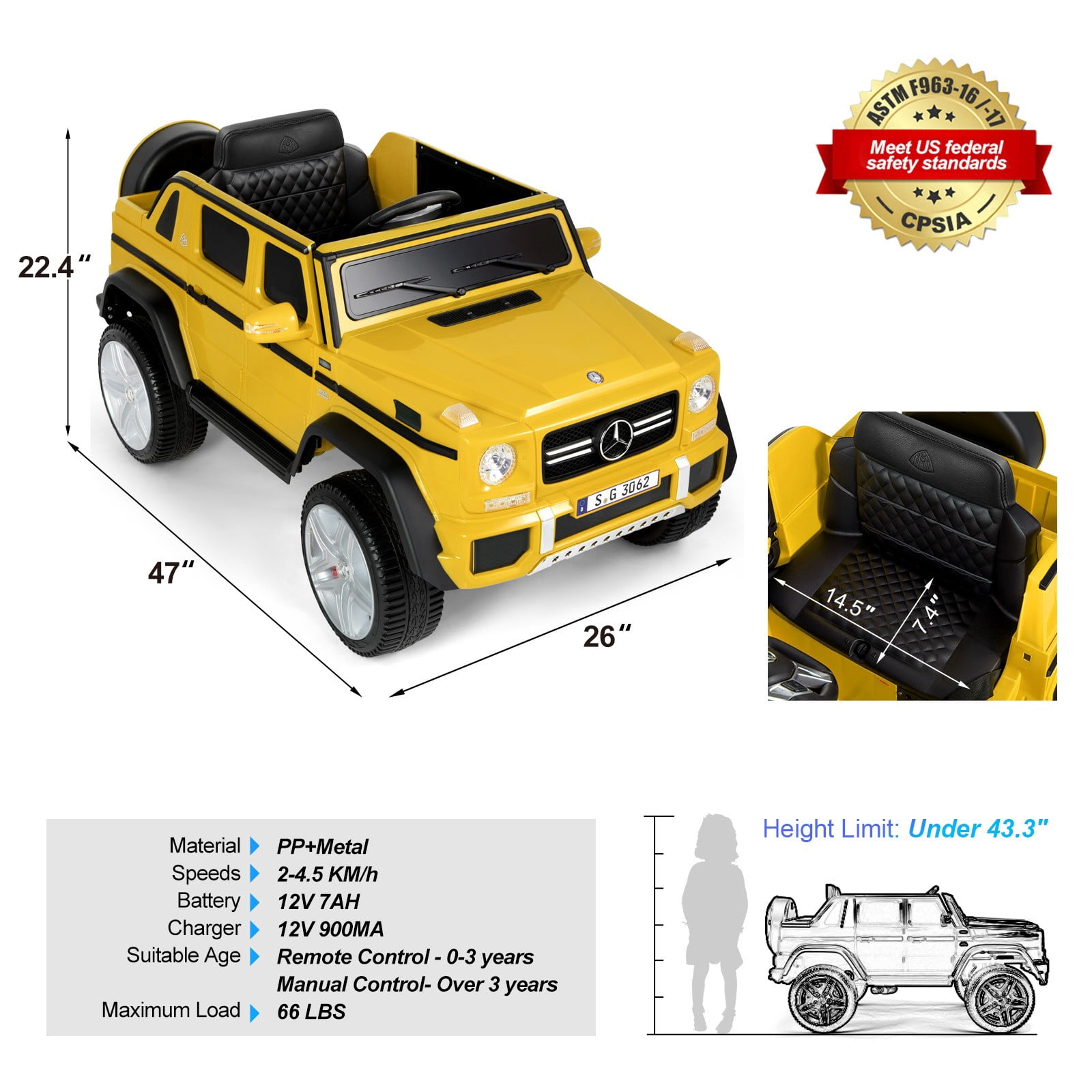 12V Battery Powered Kids Ride on Car Mercedes-Benz Electric Toys Truck 3 Speeds,LED Lights,Music with Remote Control(Yellow)