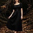 thumbnail image 4 of Women's Renaissance Peasant Dress Short Puff Sleeve Square Neck Lace Up Corset Vintage Medieval Irish Wench Maxi Dress for Halloween Cosplay Festival, 4 of 9