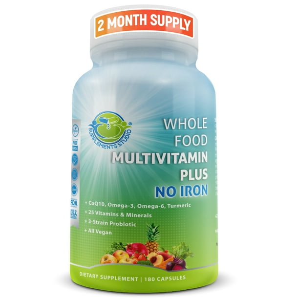 Whole Food Multivitamin Plus no Iron, Daily Vegan Multivitamin for Men
