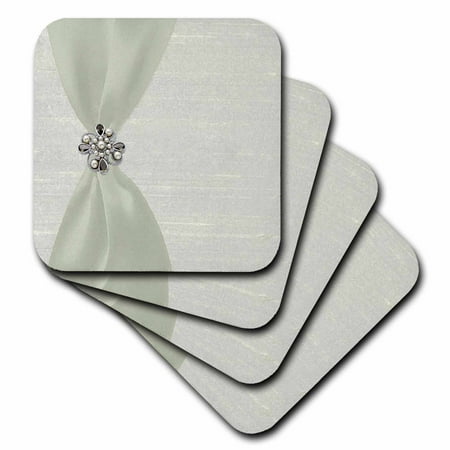 

3dRose Sage Green Satin Look Ribbon with Jewel Like Soft Coasters set of 4