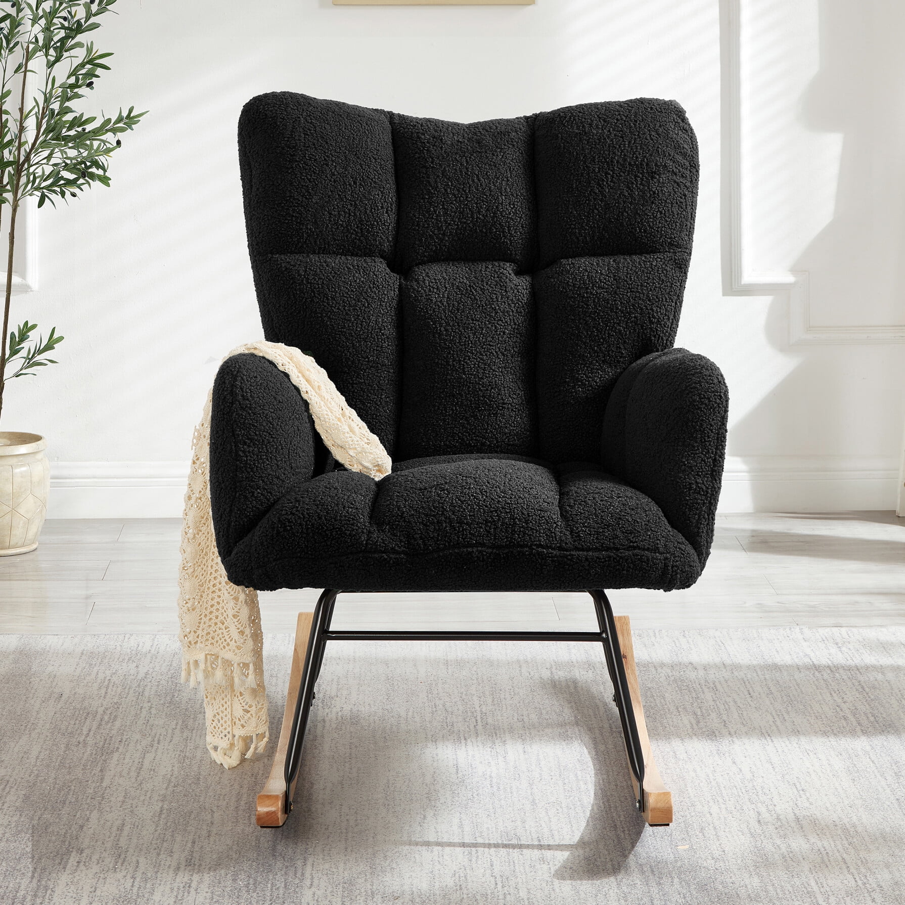Accent Chair with High Backrest and Armrests,Glider Rocking Chair with Metal Frame,Teddy Fabric Tufted Upholstered Chair with Polyester Seat Cushion,for Living Room,300lbs Capacity,Black