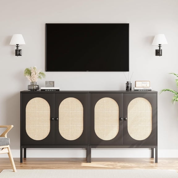 Set of 2 Buffet Cabinets with Fluted Glass Doors, Living Room, Modern Accent Storage Sideboard, Entryway (Black), 31.5" Console Cabinet for Dining Room