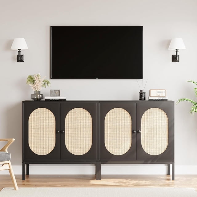 Set of 2 Buffet Cabinets with Fluted Glass Doors, Modern Accent Storage Sideboard, 31.5" Console Cabinet for Dining Room, Living Room, Entryway (Black)