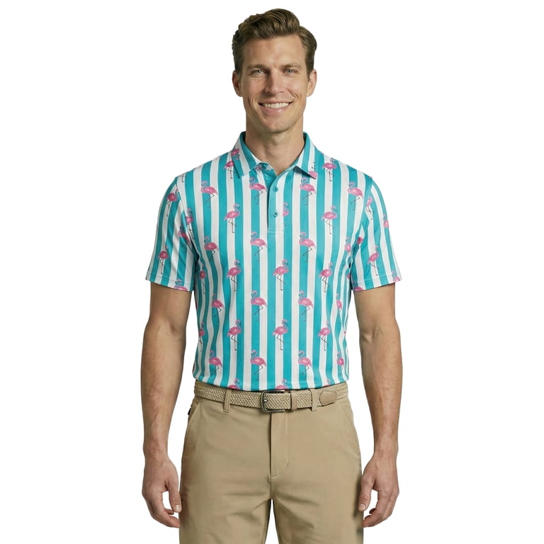Birdie Bound Men's Flamingo & Stripes Golf Polo photo 6