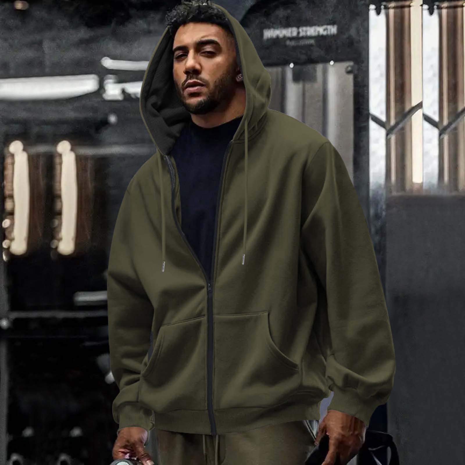 CFLVAEK Big and Tall Hoodies for Men Zippered Oversized Hoodie Sweatshirts Fall Winter Long Sleeve Hooded Jackets with Pockets Army Green S
