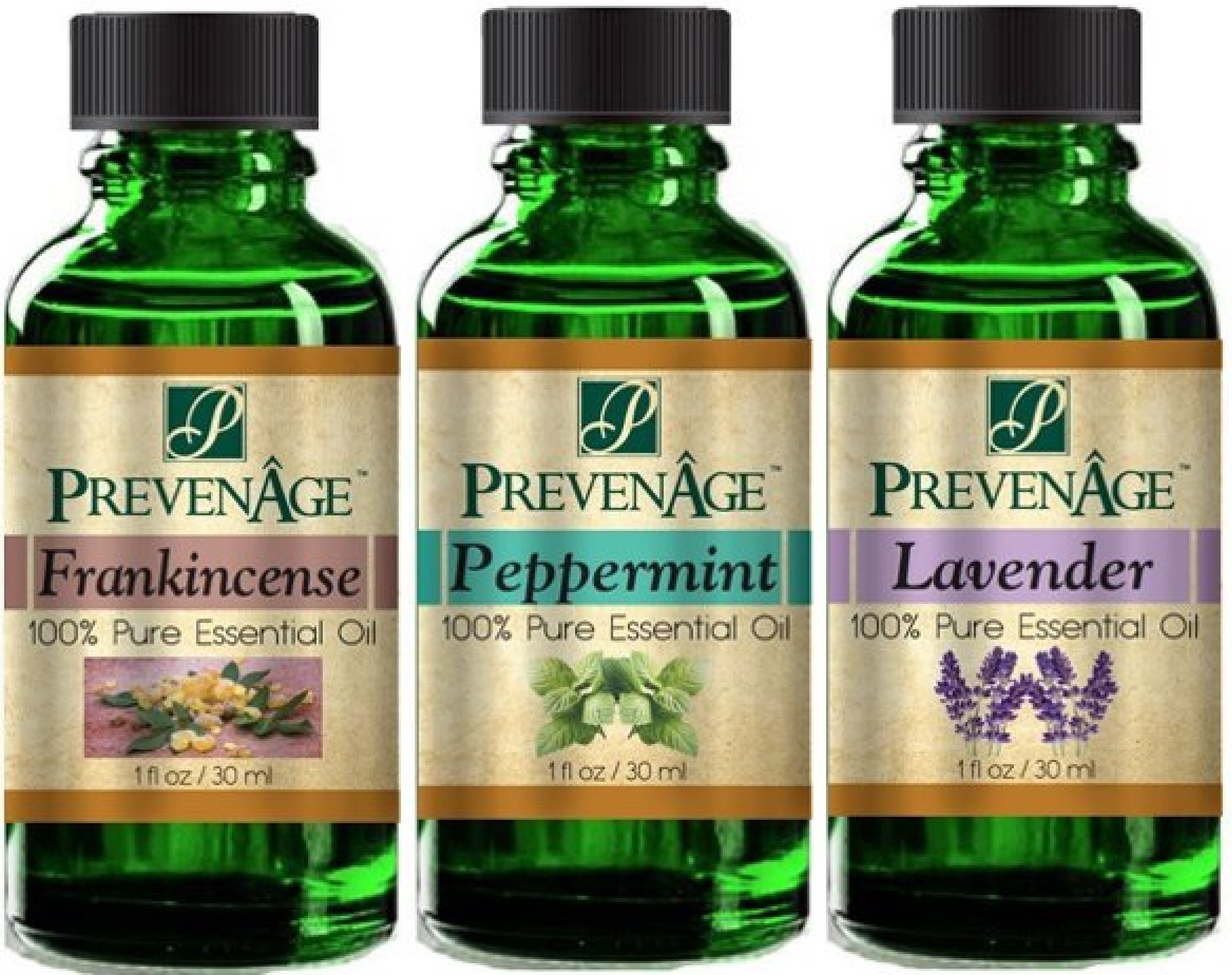 Essential Oil Gift Set of 3 Aromatherapy 30 mL / 1 Oz - Frankincense, Peppermint, Lavender  - Premium Grade - Pure Therapeutic Grade Essential Oils by PrevenAge Made in USA Pack of 3