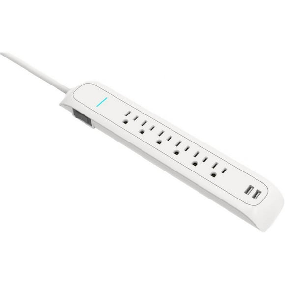 6 Outlet Surge Protector - with 2 USB Ports + 3' Cord, White