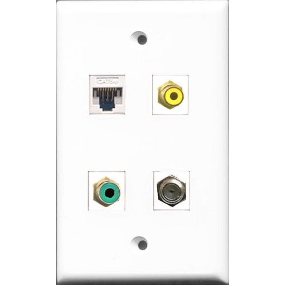 RiteAV 1 Port RCA Yellow and 1 Port RCA Green and 1 Port Coax Cable TV- F-Type and 1 Port Cat5e Ethernet White Wall Plate