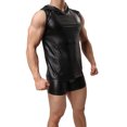 thumbnail image 6 of Men Leather Hooded T-shirt, Shiny Soft Leather, Sleeveless, Male Shaping Tank Vest, 6 of 7