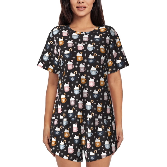 Fotbe Snowflake Cream Hot Cocoa Conjunto de Pijama Estampado para Mujer, 2 Piezas, Ropa de Dormir con Camiseta de Manga Corta y Shorts Suaves-4X-Large
